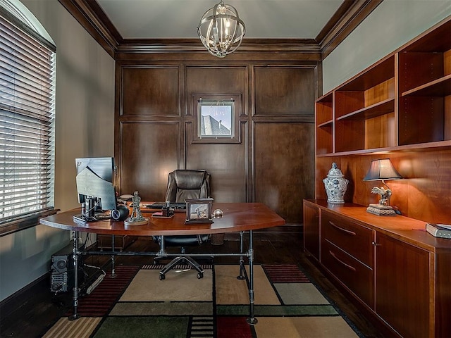 office area with a notable chandelier and crown molding