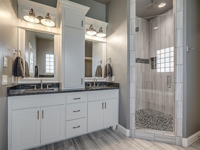 bathroom featuring plenty of natural light, a shower with shower door, and vanity