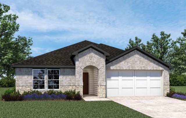 view of front facade featuring driveway, stone siding, roof with shingles, an attached garage, and brick siding