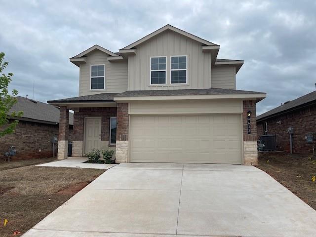 632 NE 105th St, Oklahoma City, OK 73114 - view of front of property with an attached garage, driveway, stone siding, central air condition unit, and board and batten siding