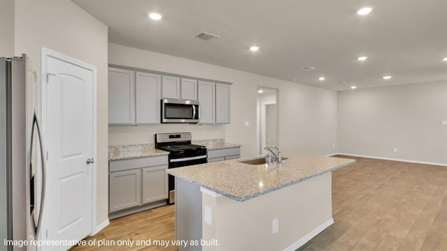 kitchen featuring a kitchen island with sink, a sink, visible vents, appliances with stainless steel finishes, and gray cabinets