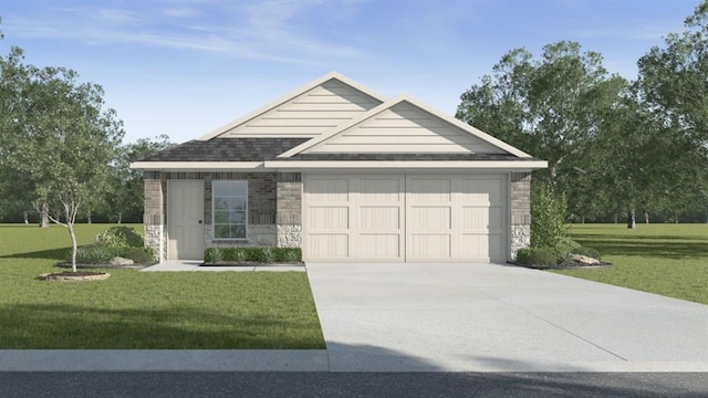 view of front of property with a garage, driveway, stone siding, a front yard, and brick siding