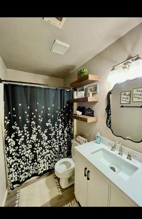 bathroom with vanity, toilet, and wood-type flooring