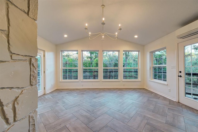 unfurnished sunroom featuring a wall mounted air conditioner, a notable chandelier, and lofted ceiling