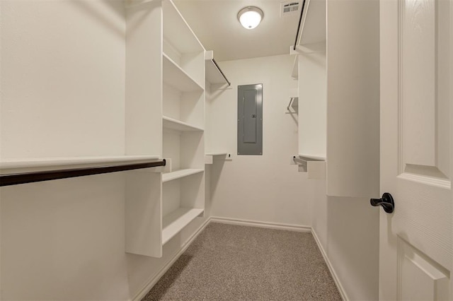 walk in closet with electric panel and light colored carpet