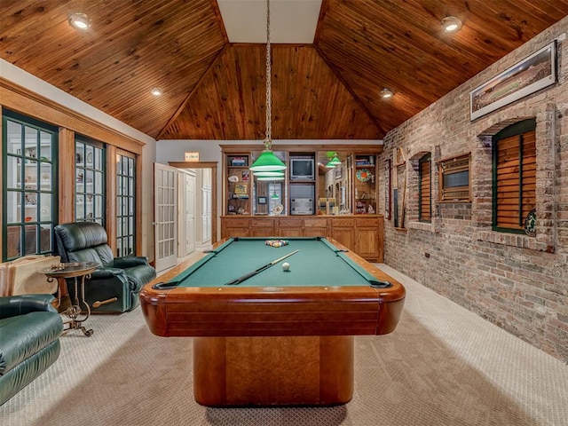 rec room featuring billiards, high vaulted ceiling, carpet floors, and wooden ceiling