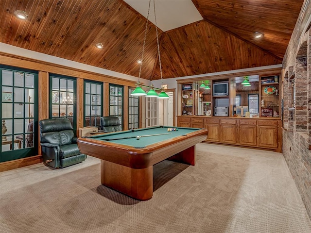 game room featuring billiards, high vaulted ceiling, light carpet, and wooden ceiling