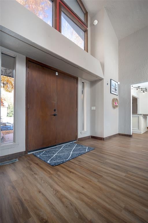 entrance foyer featuring wood-type flooring and high vaulted ceiling