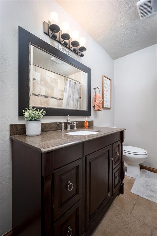 bathroom featuring vanity, a textured ceiling, toilet, and walk in shower