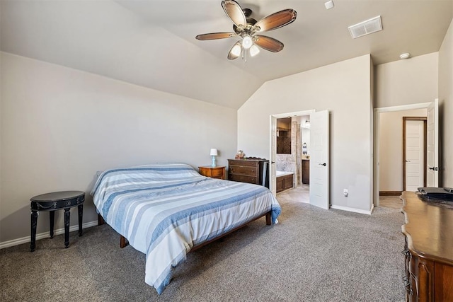 carpeted bedroom featuring ceiling fan, connected bathroom, and vaulted ceiling