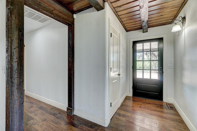 doorway featuring vaulted ceiling with beams, dark wood-type flooring, and wooden ceiling