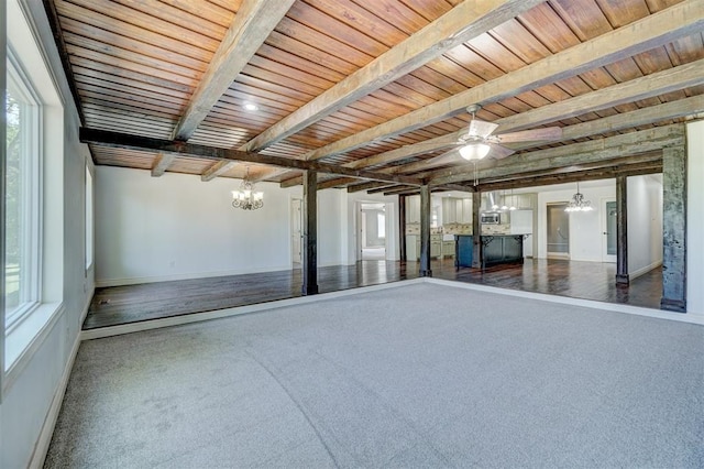 interior space featuring ceiling fan with notable chandelier, beam ceiling, and wooden ceiling