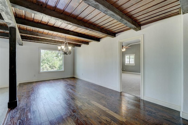 spare room with dark hardwood / wood-style floors, plenty of natural light, and wood ceiling