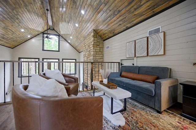 living room with beam ceiling, ceiling fan, high vaulted ceiling, wooden walls, and wood ceiling