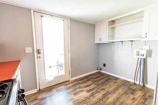 clothes washing area with cabinets and dark hardwood / wood-style floors