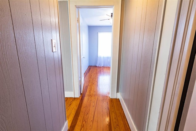 hall with light wood-type flooring and wooden walls