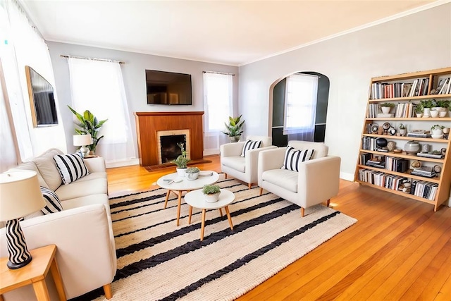 living room with ornamental molding and light wood-type flooring