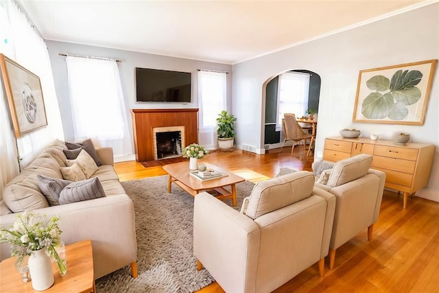 living room with crown molding and light hardwood / wood-style flooring