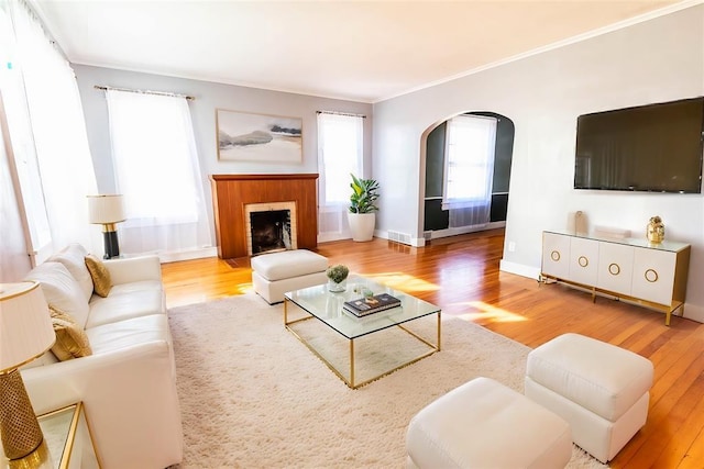 living room featuring crown molding and light wood-type flooring