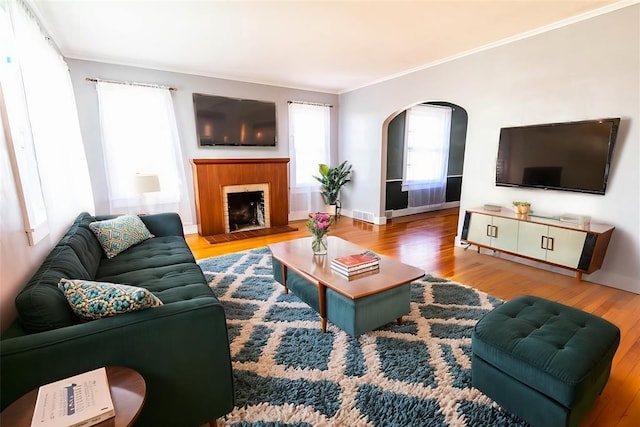 living room with crown molding and hardwood / wood-style floors