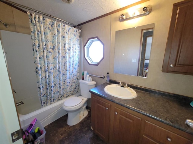 full bathroom with a textured ceiling, vanity, shower / tub combo with curtain, crown molding, and toilet