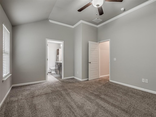 unfurnished bedroom featuring multiple windows, carpet floors, ceiling fan, and ornamental molding