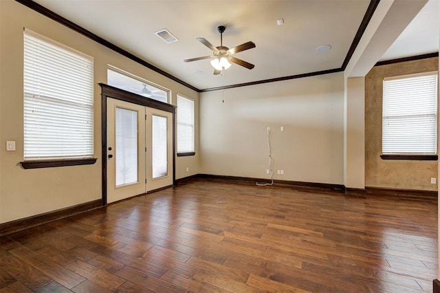 interior space featuring ceiling fan, dark hardwood / wood-style flooring, and ornamental molding