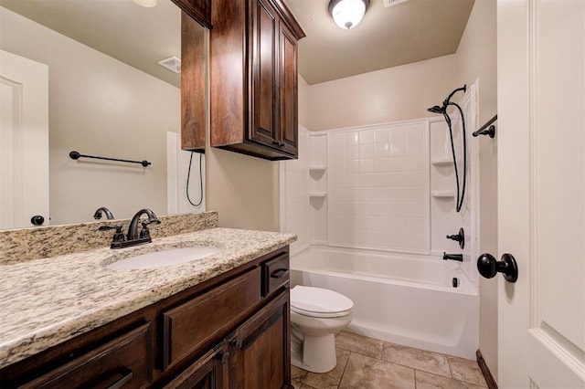 full bathroom with tile patterned flooring, vanity, shower / bathtub combination, and toilet