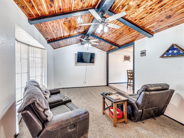 living room with lofted ceiling with beams, light colored carpet, and wooden ceiling