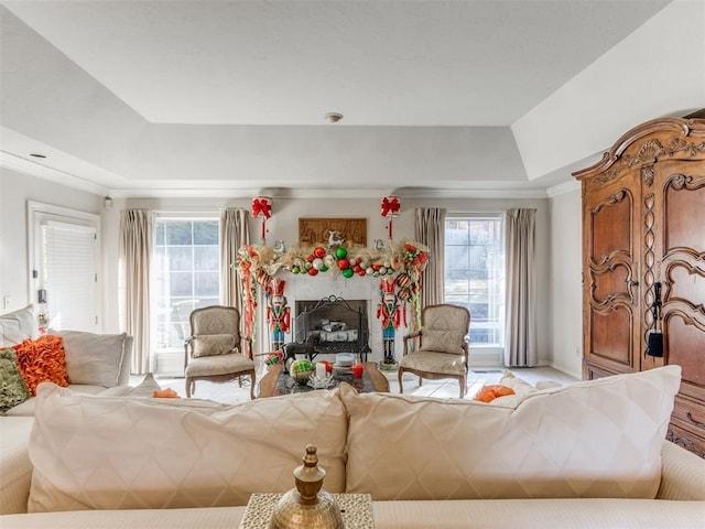 living room with a raised ceiling and ornamental molding