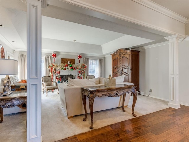 living room with ornate columns, crown molding, and light hardwood / wood-style flooring