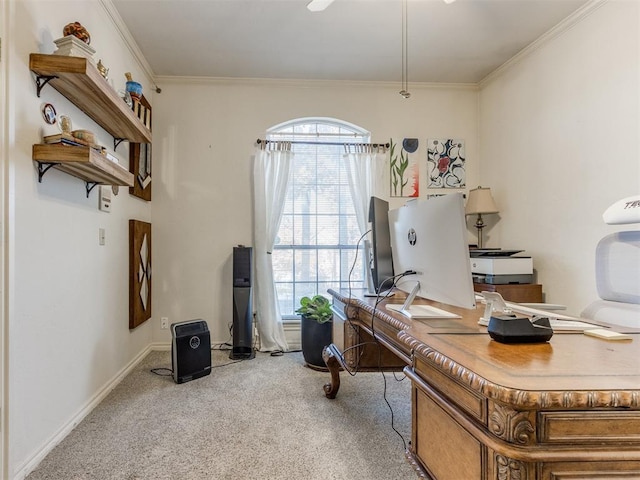 carpeted home office with ornamental molding