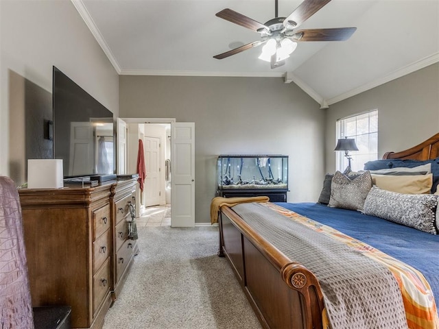 carpeted bedroom featuring ceiling fan, crown molding, and vaulted ceiling