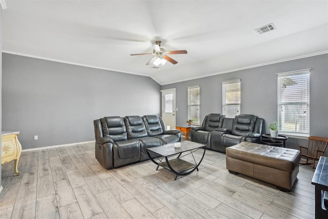 living room with crown molding, ceiling fan, lofted ceiling, and light hardwood / wood-style floors