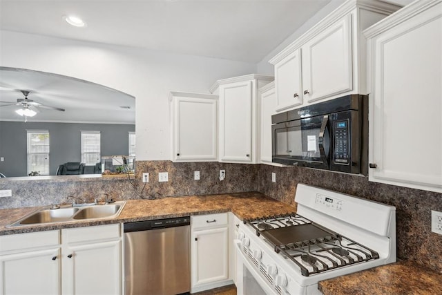 kitchen with white cabinetry, sink, stainless steel dishwasher, and white range with gas stovetop