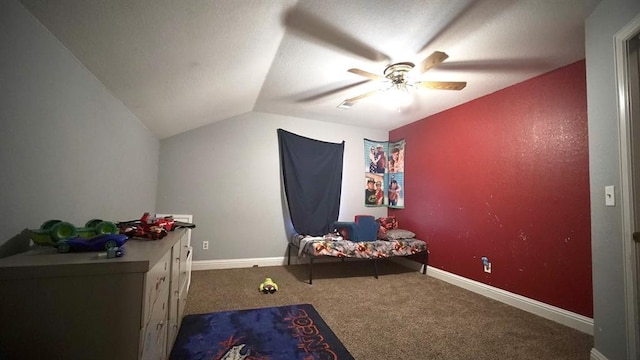 bedroom featuring carpet flooring, ceiling fan, and lofted ceiling