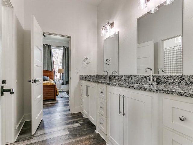 bathroom with hardwood / wood-style floors and vanity