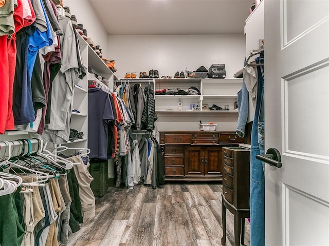 walk in closet with hardwood / wood-style flooring