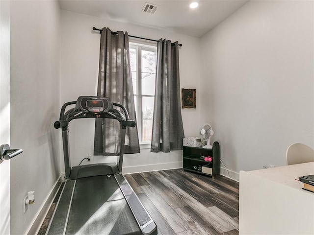 workout room featuring dark hardwood / wood-style flooring