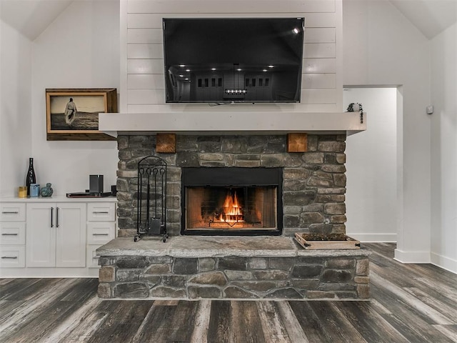 details with hardwood / wood-style floors and a stone fireplace