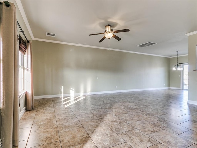 spare room featuring ceiling fan with notable chandelier and ornamental molding