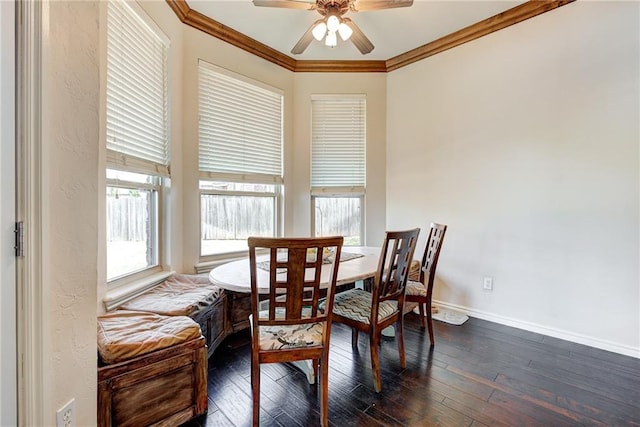 dining area featuring ceiling fan, dark hardwood / wood-style flooring, and ornamental molding