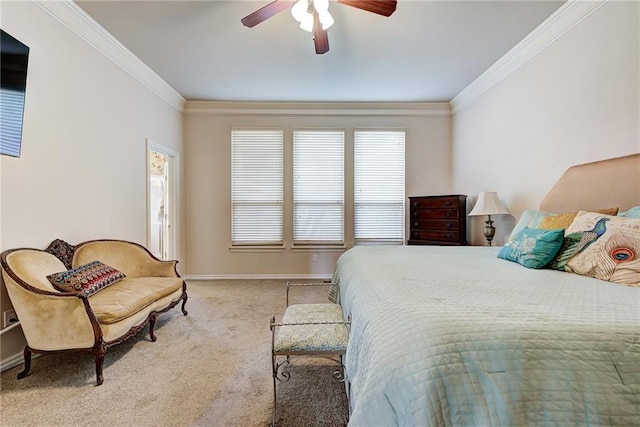 bedroom featuring light carpet, ceiling fan, and ornamental molding