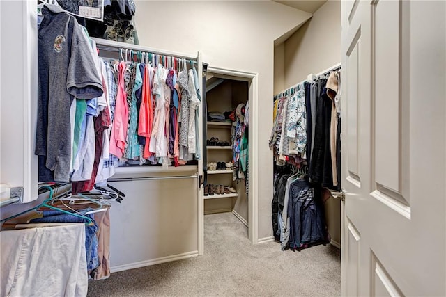 walk in closet with light colored carpet