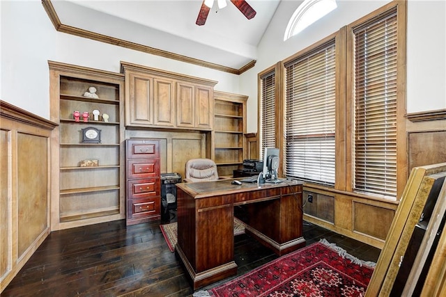 home office with dark hardwood / wood-style floors, ceiling fan, lofted ceiling, and crown molding