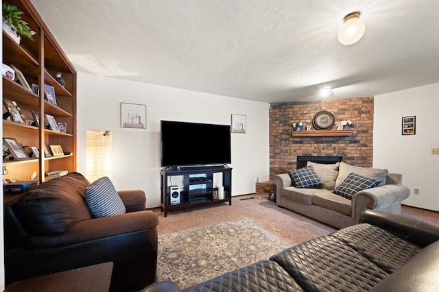 carpeted living room featuring a large fireplace