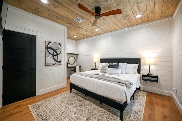 bedroom featuring light wood-type flooring, ceiling fan, wooden walls, and wood ceiling