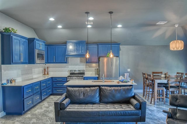 kitchen featuring backsplash, blue cabinets, stainless steel appliances, and hanging light fixtures