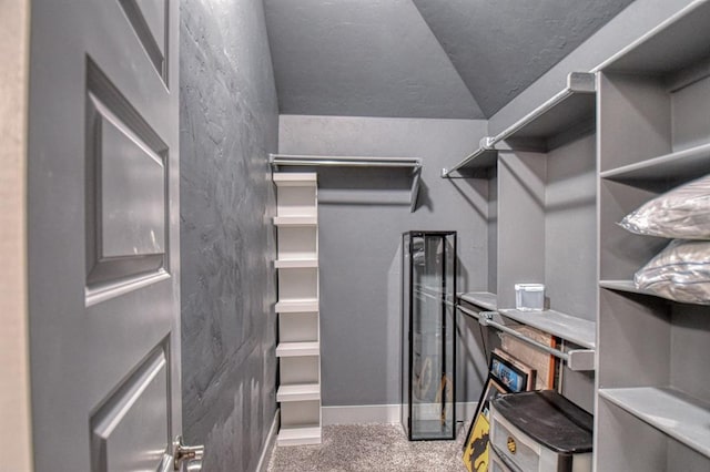 walk in closet featuring carpet and lofted ceiling