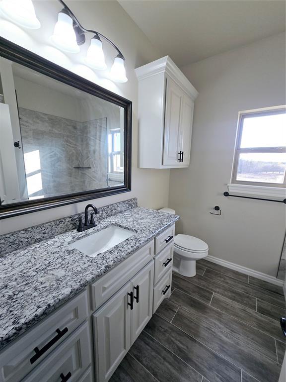 bathroom featuring vanity, toilet, and a shower